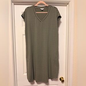 J. Jill Striped V-Neck Dress - Olive Green w/ White Stripes - Size 1x